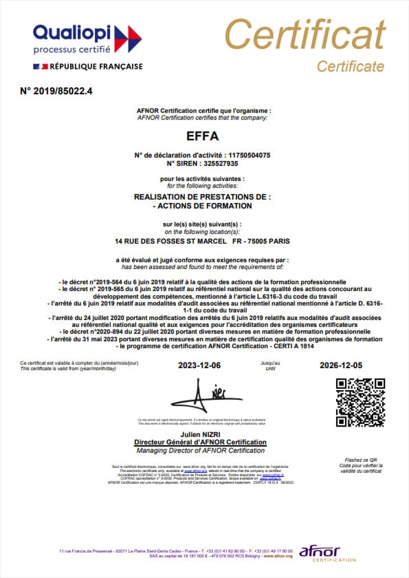 EFFA Formation est certifiée par Qualiopi